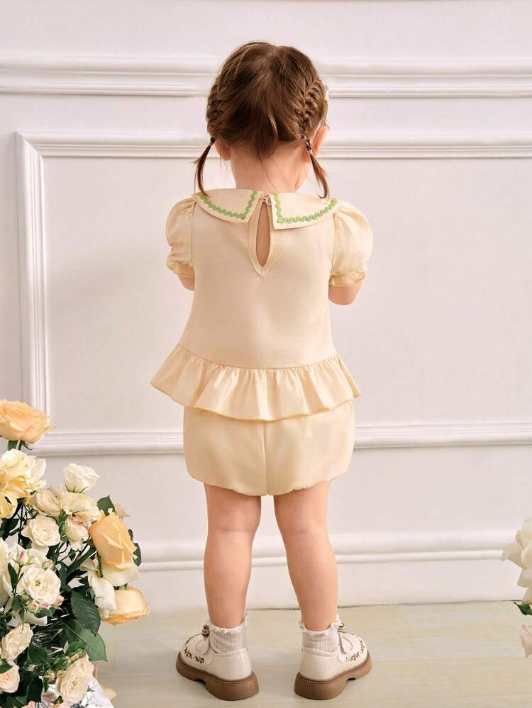 Baby Girl Summer New Simple Embroidery Puff Sleeve Top With Triangle Shorts Set And Headband