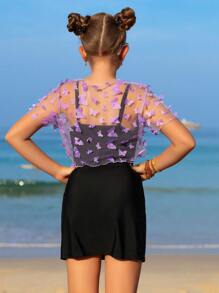 Tween Girl Vacation Butterfly Print Casual One-Piece Swimsuit With Mesh Short Sleeve Cover-Up Top - Multicolor - View 2