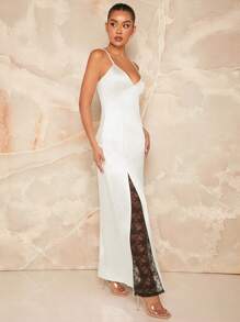 L'Amorae Rochie din dantela contrast din satin - Alb-negru - Vizualizare 3