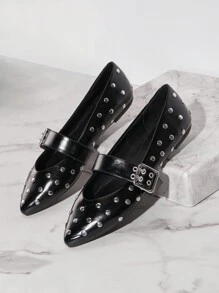 SHUZIA 女士时尚百搭铆钉细节扣尖头平底鞋圣诞假期秋冬季度假氛围