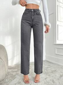 SHEIN Cottnline Jeans De Mujer Con Cremallera Y Trabillas Con Botones - Gris - Ver 3