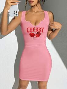 SHEIN EZwear 樱桃图案休闲简约女式 V 领无袖紧身迷你连衣裙，适合夏季，女士柔和色调连衣裙 - 粉色 - 查看 5
