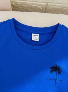 SHEIN 少年休閒寬鬆短袖衫，椰樹圖案，舒適顯百搭