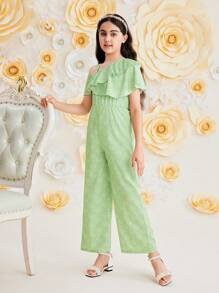 SHEIN Tween Girl's Beach Holiday Plaid Asymmetrical Neck Jumpsuit With Ruffle Hem - Green - View 4