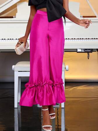 Ruffle Trim Solid Color Loose Wide Leg Elegant Party Pants, For Wedding Guest