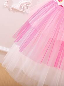 Young Girl Lovely Cartoon Mesh Layered Dress, Sweet Birthday Party Dress For Summer