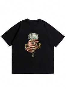 Men Dollar & Hand Print Drop Shoulder Tee - Black - View 4