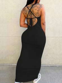 SHEIN Robe moulante sexy grande taille avec dos nu et bretelles pour l'été et ourlet long jusqu'au sol - Noir - Voir 1