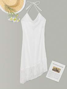 Ladies' Solid Color Fringe Hem Backless Halter Cover-Up Dress For Beach Vacation Summer - White - View 3