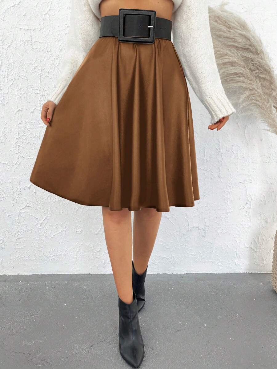 Solid High Waist Flare Skirt - Brown - View 1