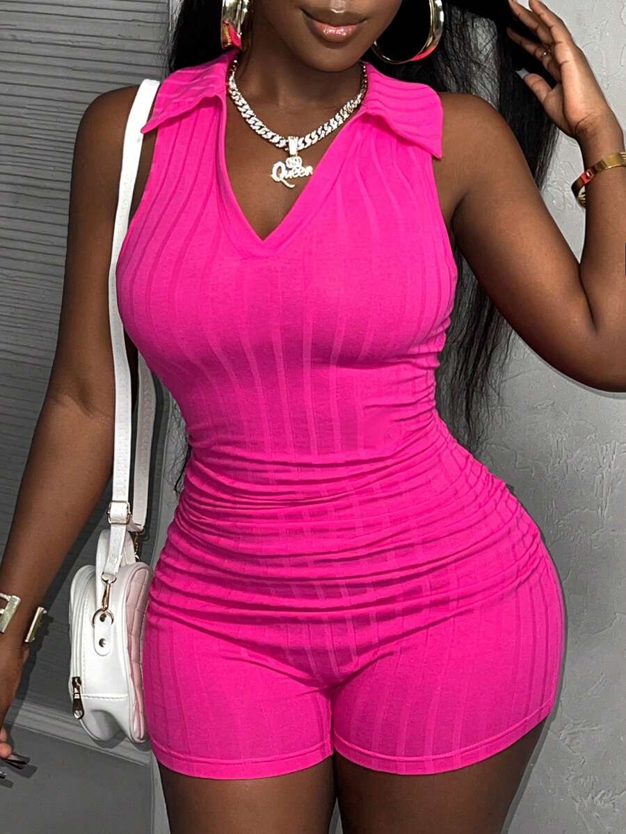 Slaydiva New Casual Knitted Tank Ribbed Jumpsuit Unitard For Streetwear - Hot Pink - View 1