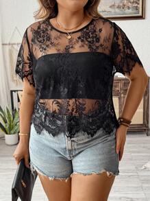SHEIN LUNE Plus Size Women Summer See-Through Lace Top - Black - View 3