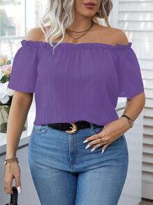 Calvaya Blusa suelta de manga corta con hombros descubiertos y volantes en unicolor para mujer de talla grande - Morado - Ver 1