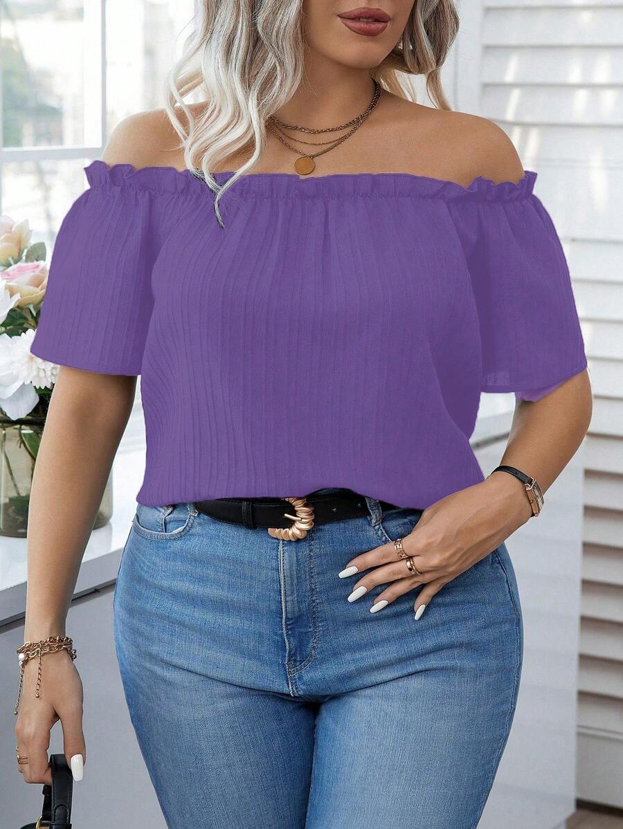 Calvaya Blusa suelta de manga corta con hombros descubiertos y volantes en unicolor para mujer de talla grande - Morado - Ver 1