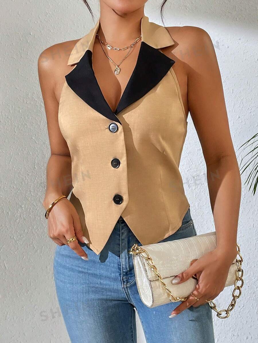 Chiquease Vestă de costum fără mâneci cu rever de culoare contrastantă de primăvară/vară - Caisă - Vizualizare 1