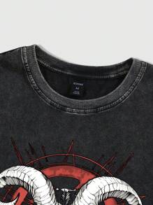 ROMWE MEN Anime 男式深色哥特式角与女人印花水洗做旧背心，春夏，万圣节 - 黑色 - 查看 7