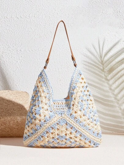 SHEIN VCAY Beach Vacation Summer Crochet Colorblock Straw Geometric Pattern Shoulder Bag
