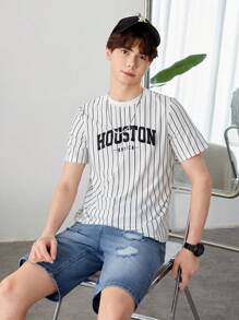 SHEIN Teen Boy Casual Striped Tee With Letter Printed Pattern And Round Neckline Matched With Distressed Denim Shorts, 2pcs/Set - Multicolor - View 4