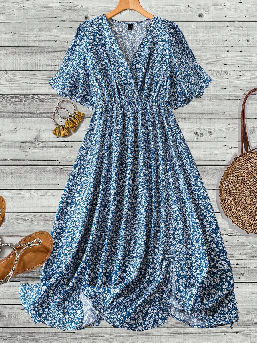 SHEIN LUNE Plus Size Women Floral Printed Short Sleeve V-Neck Vacation Dress - Blue and White - View 1