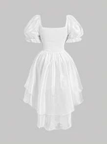 SHEIN MOD Plus Nữ Hoa Jacquard Tay Phồng Bánh Xếp Lớp Xù Vintage Đầm - trắng - Xem 2