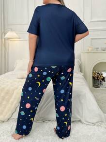 Conjunto de pijama de talla grande para mujer con estampado de planetas de dibujos animados - Azul - Ver 2