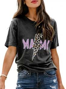 Casual Leopard Print, Lightning Bolt And Letter Graphic Round Neck T-Shirt - Dark Grey - View 1