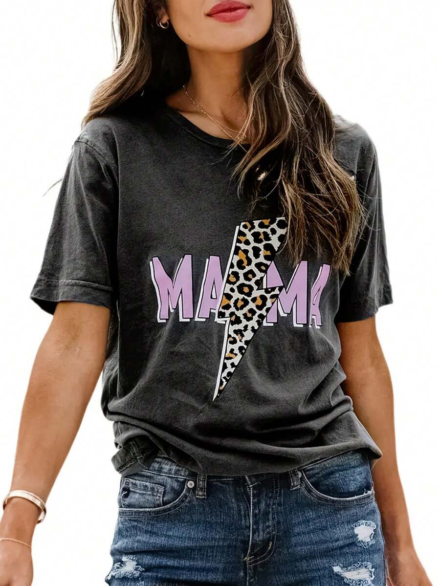 Casual Leopard Print, Lightning Bolt And Letter Graphic Round Neck T-Shirt - Dark Grey - View 1
