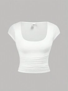 SHEIN Girlism 少女2件套實色短袖針織T恤，大U領口及褶飾 - 黑與白 - 查看 3