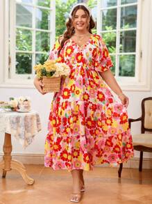 Dreamara 大尺碼女裝V領水染長度假風格紅色花卉休閒連衣裙，彈力氣球袖設計，完美適用於夏季和復活節 - 彩色 - 查看 8