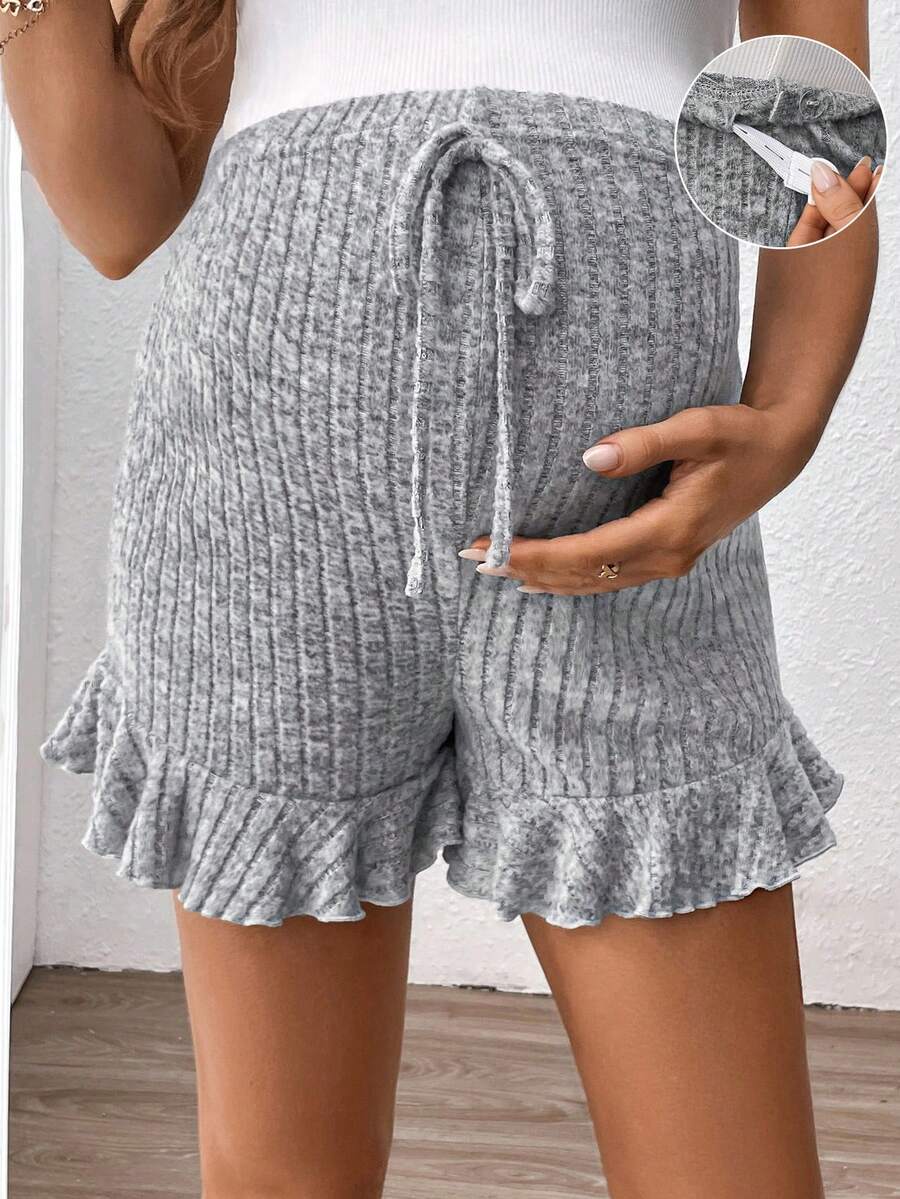 SHEIN Shorts de grossesse à ourlet à volants texturé à taille réglable, couleur unie - Gris pâle - Voir 1