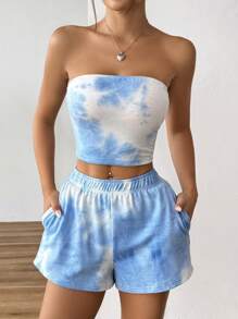 SHEIN EZwear 女士漸層迷你背心上衣和短褲套裝，斜口袋設計，夏季服裝