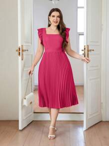 SHEIN Privé Plus Size Elegant Commuter Pleated Solid Midi Dress With Ruffle Sleeves, Summer