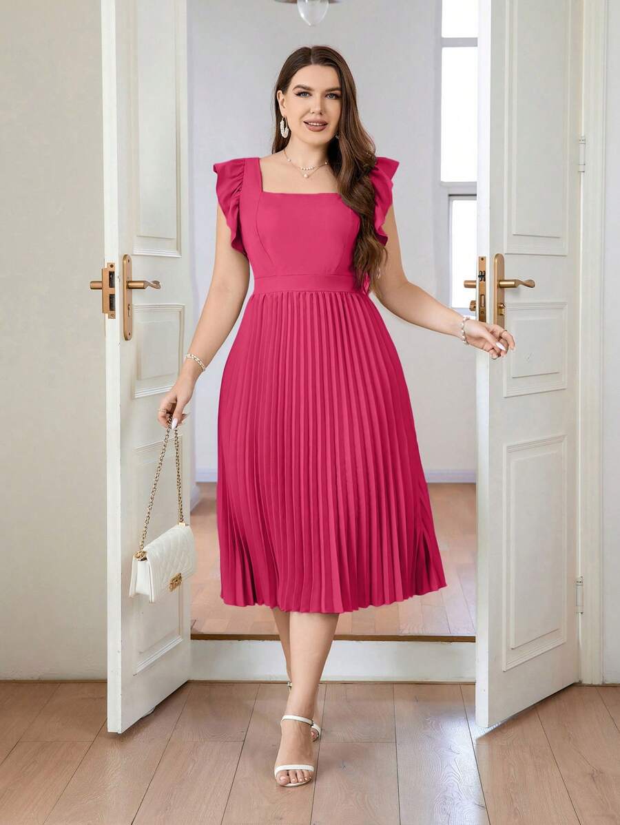 SHEIN Privé Plus Size Elegant Commuter Pleated Solid Midi Dress With Ruffle Sleeves, Summer