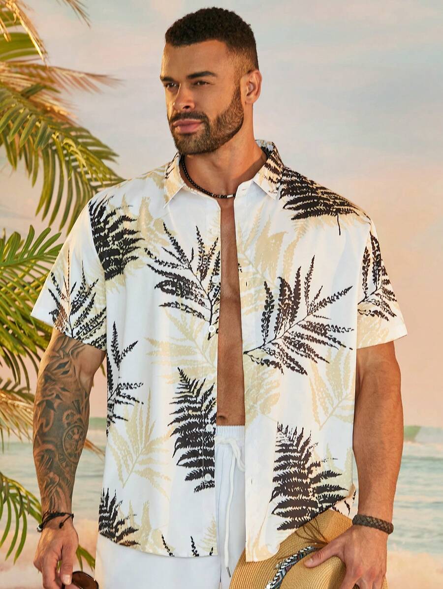 Manfinity Homme Conjunto casual de dos piezas para vacaciones, camisa de manga corta y pantalones cortos con estampado de palmeras para hombre de talla grande - Blanco - Ver 1