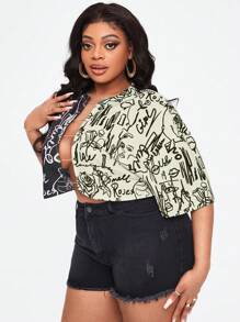 Slaydiva 夏季加大号图案及字母落肩链条细节 T 恤 - 黑與白 - 查看 4