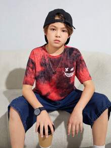 SHEIN 青少年男孩夏季休閒水洗印染表情短袖襯衫和牛仔短褲套裝 - 彩色 - 查看 4
