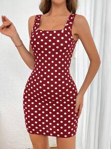 SHEIN Privé Đầm Bodycon cổ vuông ôm vừa vặn cho nữ - Đỏ và trắng - Xem 4