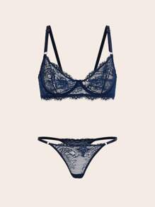 Charlaine Floral Lace Underwire Sexy Bra & Panty Lingerie Set - Navy Blue - View 1