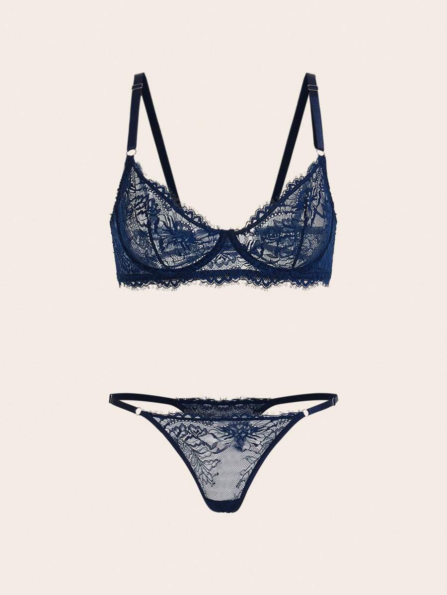 Charlaine Floral Lace Underwire Sexy Bra & Panty Lingerie Set - Navy Blue - View 1