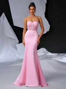 Glamrae 优雅甜美露肩浪漫透视 3D 串珠蕾丝刺绣高腰修身连衣裙，可调节后系带和可拆卸蝴蝶结和鱼尾连衣裙，适合晚会舞会半正式婚礼宾客礼服，适合生日、毕业典礼、返校节 - 粉色 - 查看 4