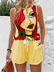 SHEIN LUNE Women's Round Neck Sleeveless Vest With Face Print And Solid Color Drawstring Pocket Shorts Casual 2pcs Summer Outfits