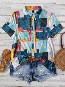 SHEIN LUNE Plus Size Women's Summer Geometric Printed Short Sleeve Button-Front Casual T-Shirt With Pockets - Multicolor - View 1