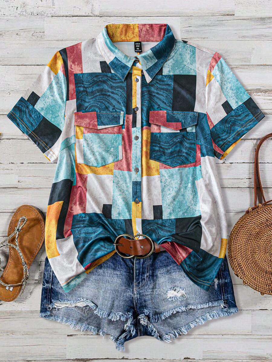 SHEIN LUNE Plus Size Women's Summer Geometric Printed Short Sleeve Button-Front Casual T-Shirt With Pockets - Multicolor - View 1