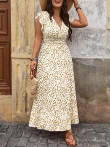 SHEIN Holidaya 大碼女士時尚V領印花短袖連衣裙，附手提包 - 黃色 - 查看 1