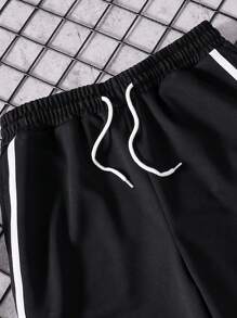 青少年運動休閒針織直筒束腰汗褲，配編織紋路 - 黑色 - 查看 2