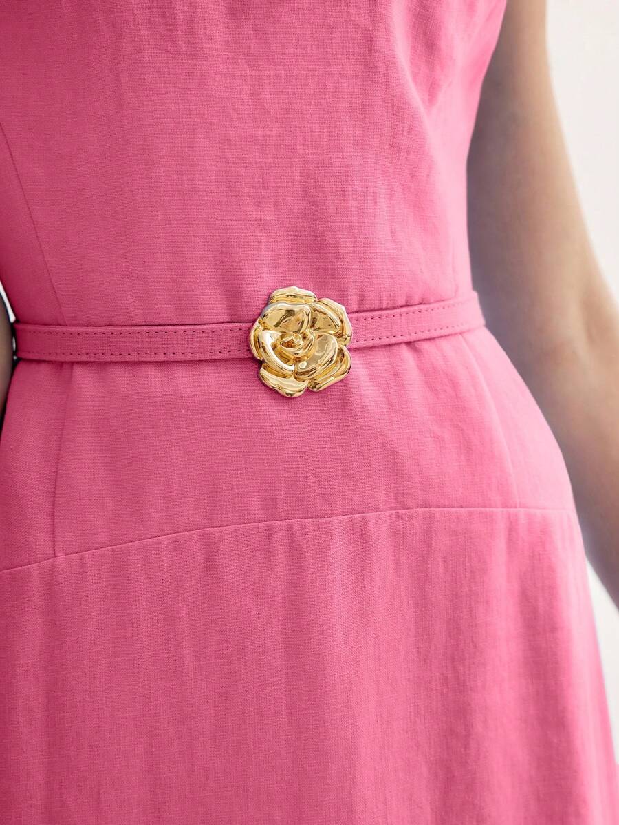 MOTF PREMIUM SOLID GOLD FLOWER BELTED FLARE HEM DRESS - Hot Pink - View 2