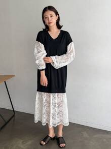 FRIFUL Designer 女士宽松V领撞色灯笼袖荷叶边连衣裙，春秋季吊带裙，休闲女式长袖连衣裙 - 黑色 - 查看 3