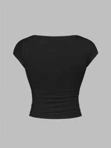 SHEIN Girlism 少女2件套實色短袖針織T恤，大U領口及褶飾 - 黑與白 - 查看 8