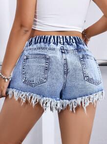 SHEIN EZwear Plus Size Summer Casual Water Wash Frayed Hem Mini Denim Shorts - Light Wash - View 4