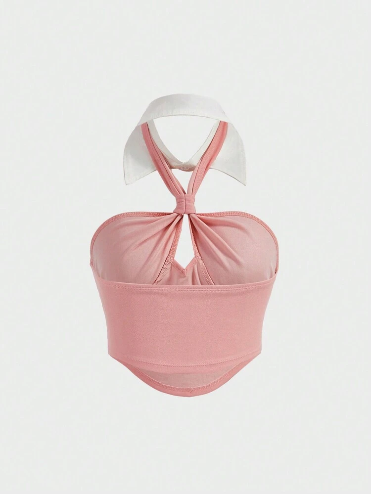 Women Simple Solid Color Halter-Neck Sleeveless Top